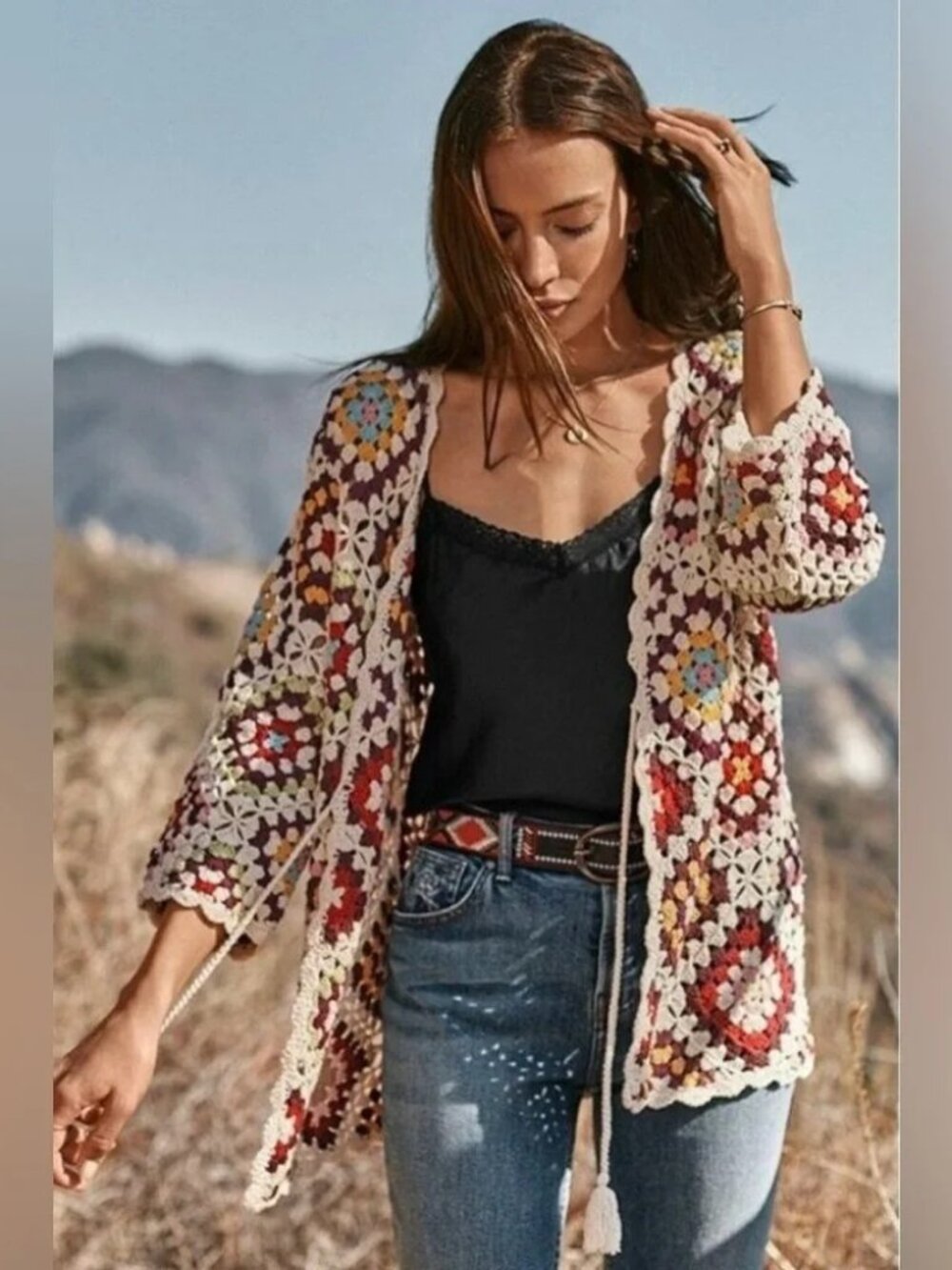 Johnny Was Granny Square Crochet Stevie Cardigan Sweater